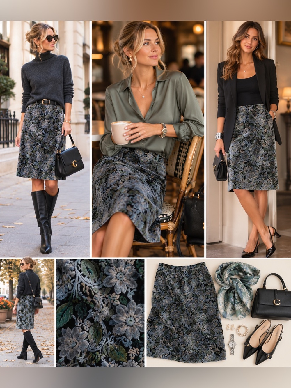 Floral Velvet Jacquard Pencil Skirt in Deep Navy